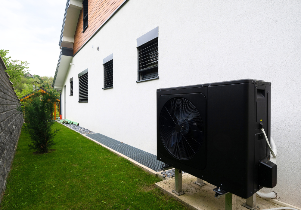 A black air source heat pump installed in a garden