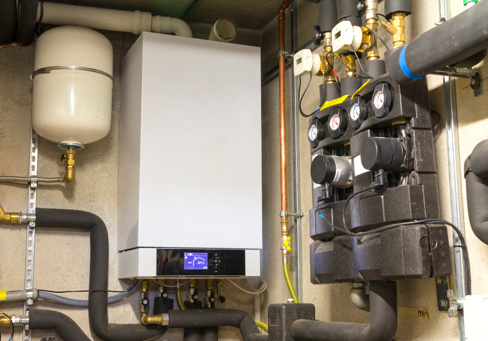 A commercial boiler installed in a plant room