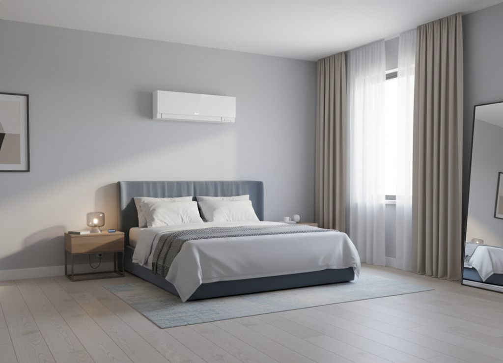 A Mitsubishi air conditioning unit above a bed