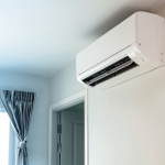 A domestic air conditioning unit installed in a living room