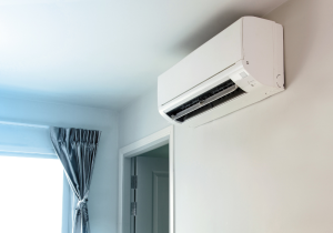 A domestic air conditioning unit installed in a living room